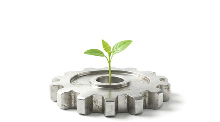 A small green plant is growing out of a metal gear