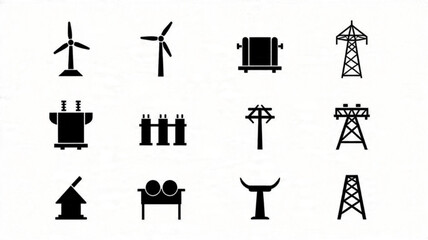 Fototapeta premium Titles: Energy and Power Infrastructure Icons, Renewable Electricity Technology Symbols, Industrial Utility Vector Graphics, Minimalist Power Grid Elements