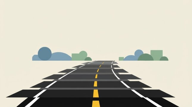 Abstract minimalist illustration of an endless road with geometric landscape elements under a neutral sky