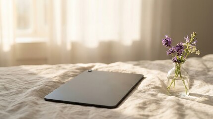 A laptop is on a bed next to a vase of flowers