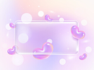 Holographic pink gradient heart in Transparency Glassmorphism notification pop up window on gradient bokeh background.