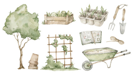 Watercolor garden elements. Rural farm objects. Tree, pots, box of greens, seedlings, vines, cart, book, gardening tools.  © Kate K.