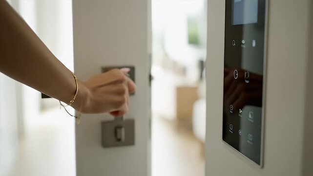 Opening a modern home door with a keypad and handle in bright hallway.