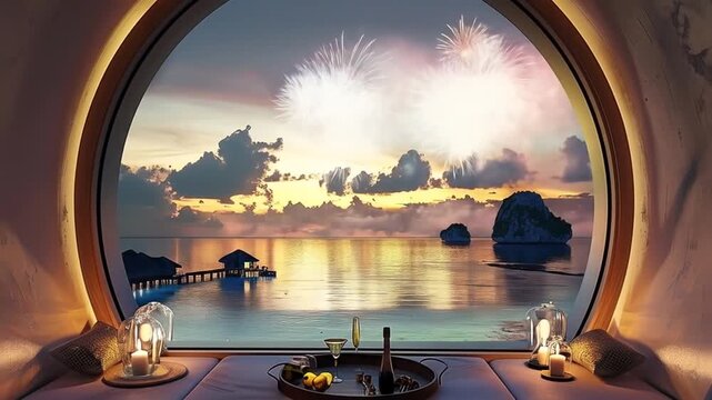 Ocean view with fireworks seen through round window sunset scenery