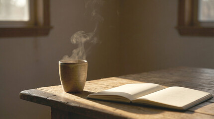 A cup of coffee sits on a wooden table next to an open book