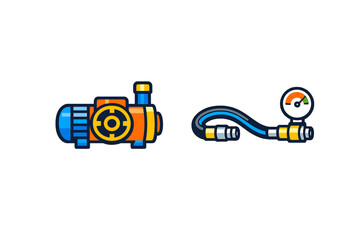 Fototapeta premium A stylized illustration of an orange and blue water pump next to a blue hose with a pressure gauge. The icons are presented in a flat vector style against a solid black background.