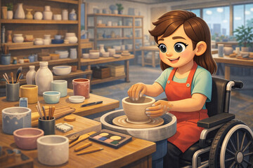 Wheelchair Pottery Artist Creating Handmade Ceramic in Craft Studio