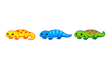 Naklejka premium Three colorful cartoon salamanders are lined up horizontally against a solid black background. The stylized lizards feature vibrant yellow, blue, and green bodies with unique patterns.