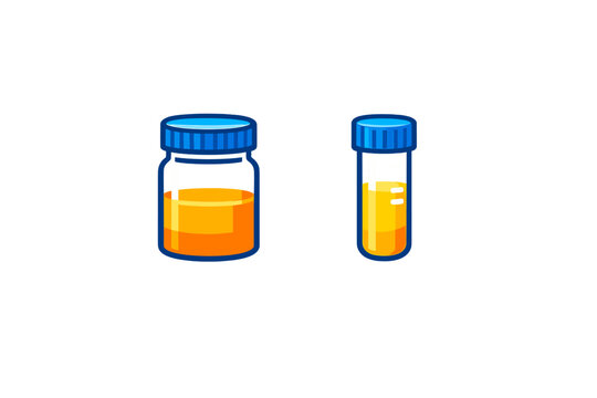 Two medical containers with blue lids filled with yellow liquid are shown against a black background. One is a wide jar and the other is a narrow test tube with measurement marks.