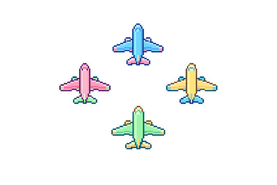 Four colorful pixel art airplanes are arranged in a diamond formation against a solid black background. The planes feature pastel shades of blue, pink, yellow, and green in a retro game style.
