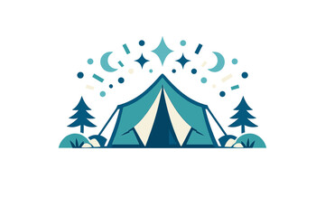 A stylized flat vector illustration of a blue camping tent set against a night sky filled with stars and crescent moons, flanked by two pine trees on a dark background. © Artstock
