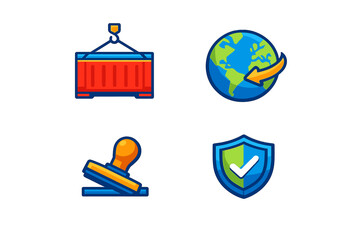 Fototapeta premium A set of four colorful icons representing global logistics and shipping services, including a cargo container, a globe with an arrow, a rubber stamp, and a security shield with a checkmark.