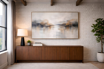 Contemporary living space with abstract wall art and brick texture