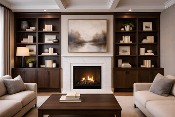 Cozy library with fireplace, built in shelves and framed art