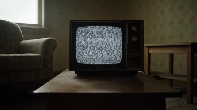 Old Television Set with Static Noise in a Dimly Lit Room.