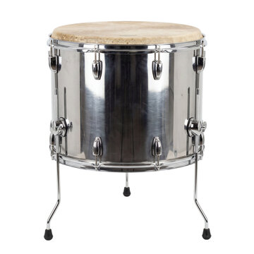 A polished chrome floor tom drum with a natural skin head stands on a black background.