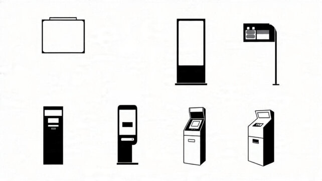  Digital Kiosk Icons, Interactive Display Vector Set, Advertising Totem Graphics, Information Screen Illustrations

