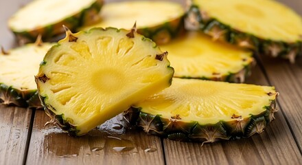 Fresh Pineapple Slices on Wooden Table.