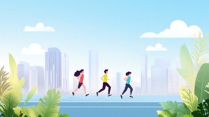 Three people jogging in a city park