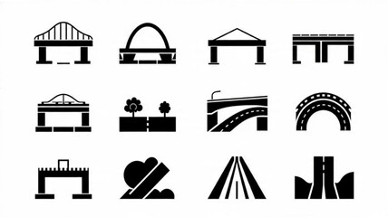 : Urban Landscape and Road Icons, Architecture and Nature Vector Set, Minimalist Bridge Park Symbols, Black Silhouette City Graphics

