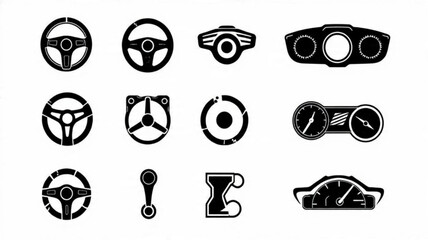 Titles: Automotive Dashboard Icons Set, Car Controls Vector Graphics, Steering Wheel and Gauge Symbols, Minimalist Auto Interface Icons

