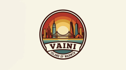 Obraz premium Retro badge design featuring the Vaini island skyline at sunset, with a warm orange glow reflecting on the water, evoking a sense of tranquility and belonging for island destinations