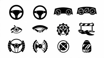 Titles: Car Dashboard and Steering Wheel Icons, Automotive Parts Vector Set, Speedometer and Gear Icons, Black Silhouette Auto Controls

