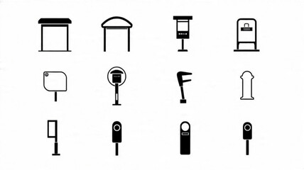  Urban Street Furniture Icons, Outdoor City Element Vectors, Minimalist Public Space Symbols, Black and White Park Icons

