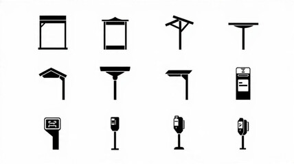 Street Light and Pole Icons, Overhead Infrastructure Vector Set, Minimalist Lamppost Silhouettes, Urban Utility Pole Graphics

