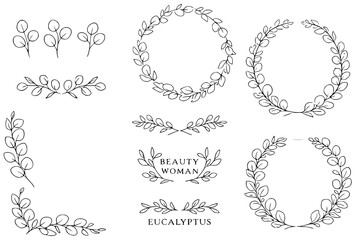 Vector set of minimalist eucalyptus branches and wreaths. Elegant hand-drawn floral borders and dividers. Perfect for organic cosmetics logos, wedding invitations, beauty salon branding, and eco-frien