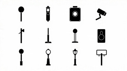  Urban Street Light Icons Set, Black Silhouette Lamppost Vectors, Minimalist City Lighting Symbols, Outdoor Fixture Graphics Collection

