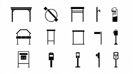 Urban Street Furniture Icon Set, Minimalist City Elements Vector, Black Silhouette Infrastructure Graphics, Public Space Outline Icons

