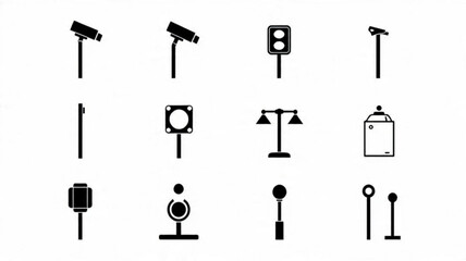  Security Camera and Traffic Light Icons, Urban Surveillance Vector Set, Public Safety Signal Graphics, Minimalist City Monitoring Symbols

