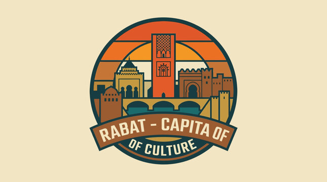 Rabat - Capita of Culture Vibrant cityscape illustration featuring iconic architecture and a retro sunset design, celebrating Moroccan heritage and artistic spirit
