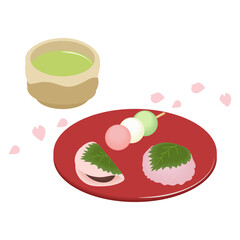 桜ふぶきと和菓子と抹茶