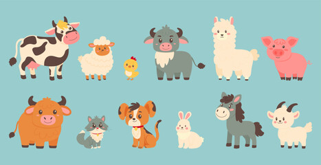 Naklejka premium farm animals bundle with cow pig sheep chicken dog and cat vector illustration.