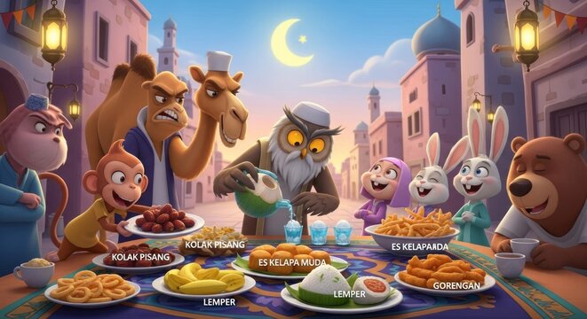 Cartoon animals enjoying Iftar feast in Middle Eastern street