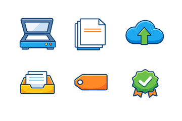 This collection features six vibrant icons for digital workflow, including a scanner, document stack, cloud upload, file tray, price tag, and a quality checkmark badge on a black background.