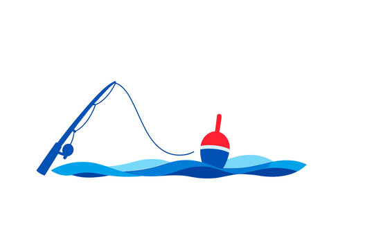 A minimalist vector illustration of a blue fishing rod with a line cast into stylized blue waves where a red and white bobber floats on the surface of the water.