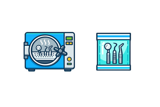 A blue dental autoclave machine sterilizing tools and a sealed sterilization pouch with dental instruments are shown in a flat illustration style on a dark background.