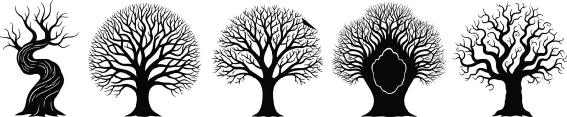 Abstract twisted tree silhouettes collection with detailed leafless branches artistic vector illustration set