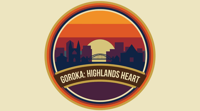 Goroka Highlands Heart, a Retro-Inspired Cityscape Emblem with a Vibrant Sunset and Vintage Color Palette Evoking Nostalgia and a Sense of Place
