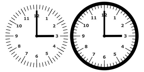Modern clock face with hands indicating 3 o'clock on a plain white background, vector illustration