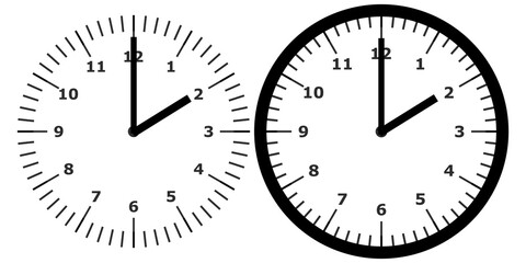 Clock face with hands at 2 o'clock, one simple outline and one bold design, vector illustration