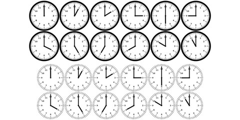 A grid of clock faces showing every hour, combined with simple dial templates, vector illustration