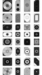 Hard Drive Components Grid, Abstract Data Storage Pattern, Monochrome Computer Hardware Tiles, Digital Disk Drive Background

