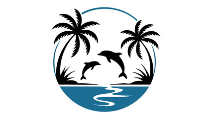 Obraz premium Tropical scene featuring silhouettes of dolphins jumping within a circular frame.