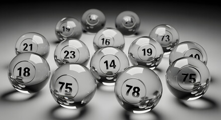 A collection of numbered glass balls arranged in a circular pattern.