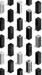 Isometric Server Rack Grid Vector Illustration,
Data Center Server Towers Isometric Black and White Vector,
Isometric Data Center Infrastructure Server Rack Collection,
