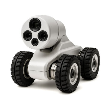 Autonomous industrial robot transporting materials in smart factory isolated on white background